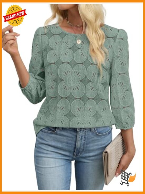 Lace Eyelet Blouse 3/4 Sleeve Bohemian Top Lightweight Summer T-Shirt - Picture 5 of 5